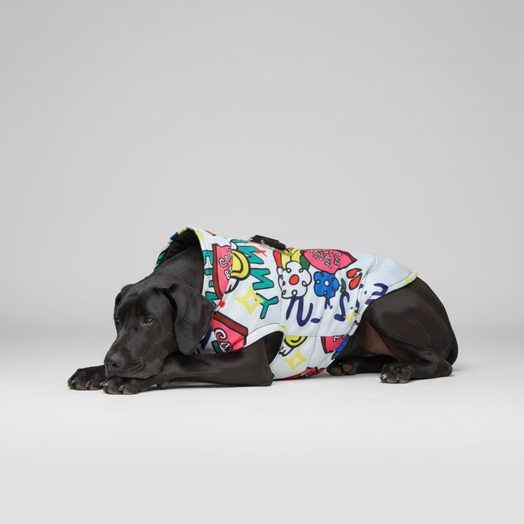 Black Great Dane lying down with graffiti vest