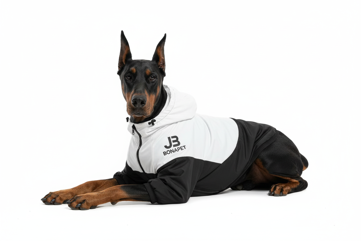 Doberman lying down with black and white jacket - 3200x1600px