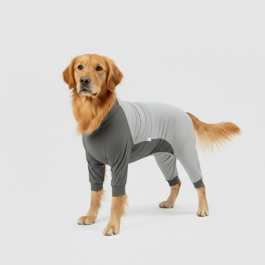Golden Retriever with gray recovery suit - Square